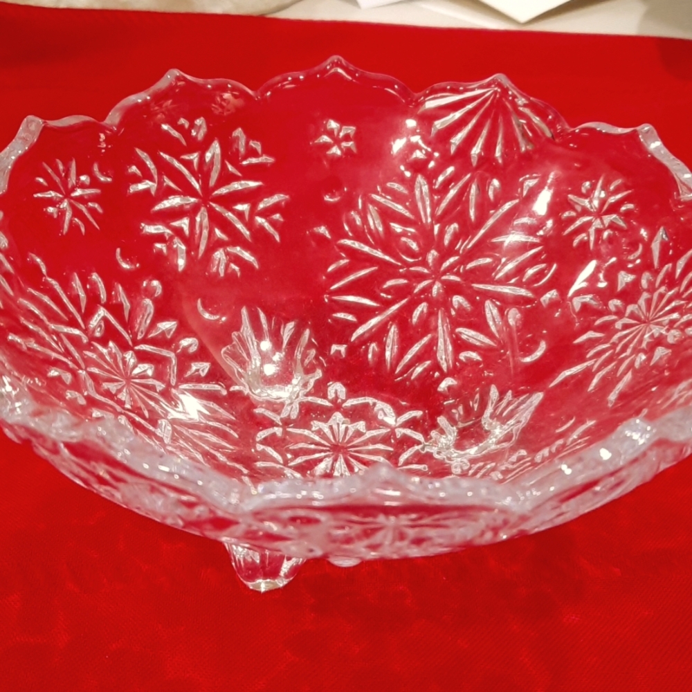 Mikasa crystal footed Holiday Snowflake bowl.